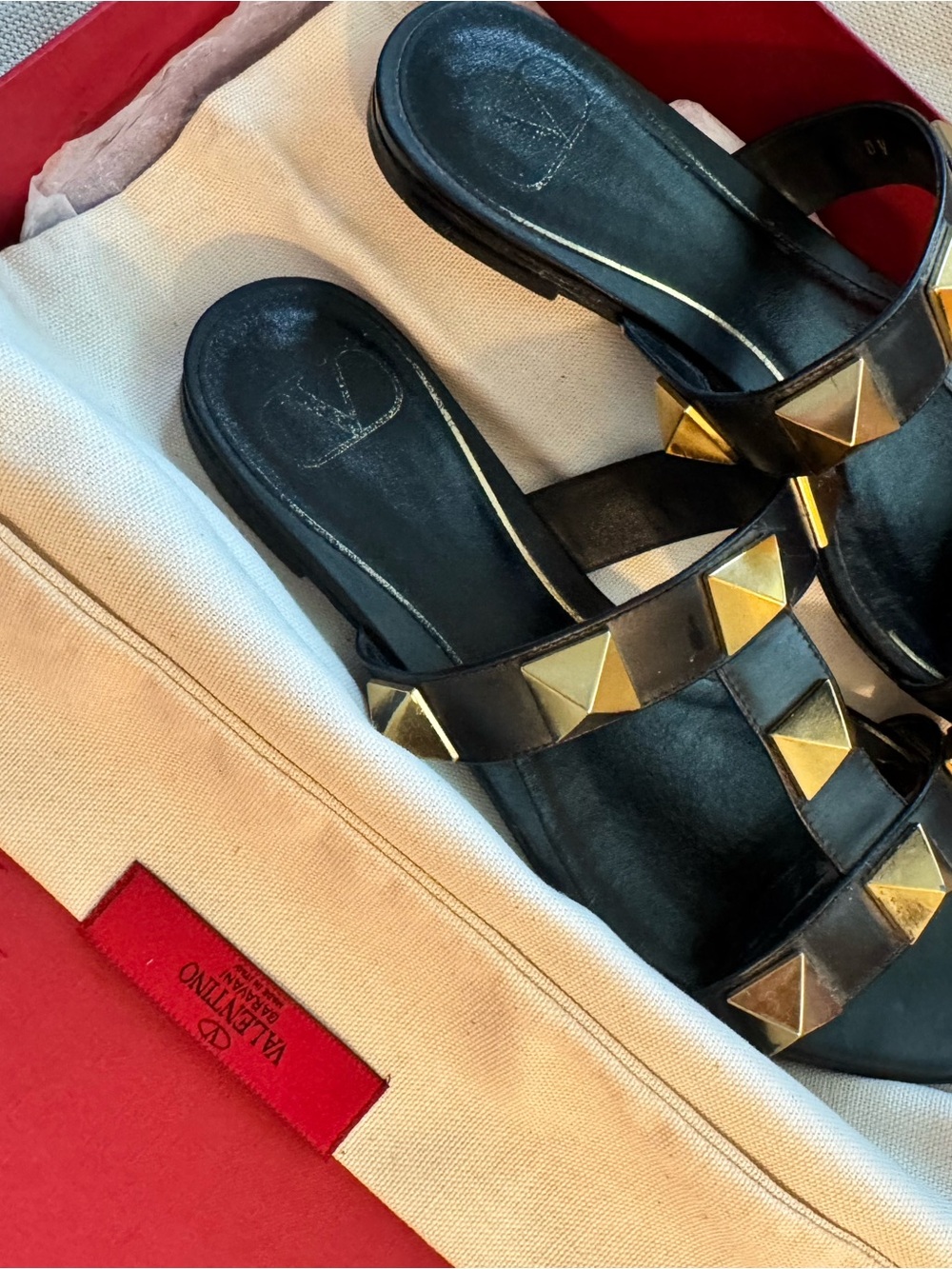 Valentino Flat Black Studded Leather Slide Sandals - Picture 4 of 4